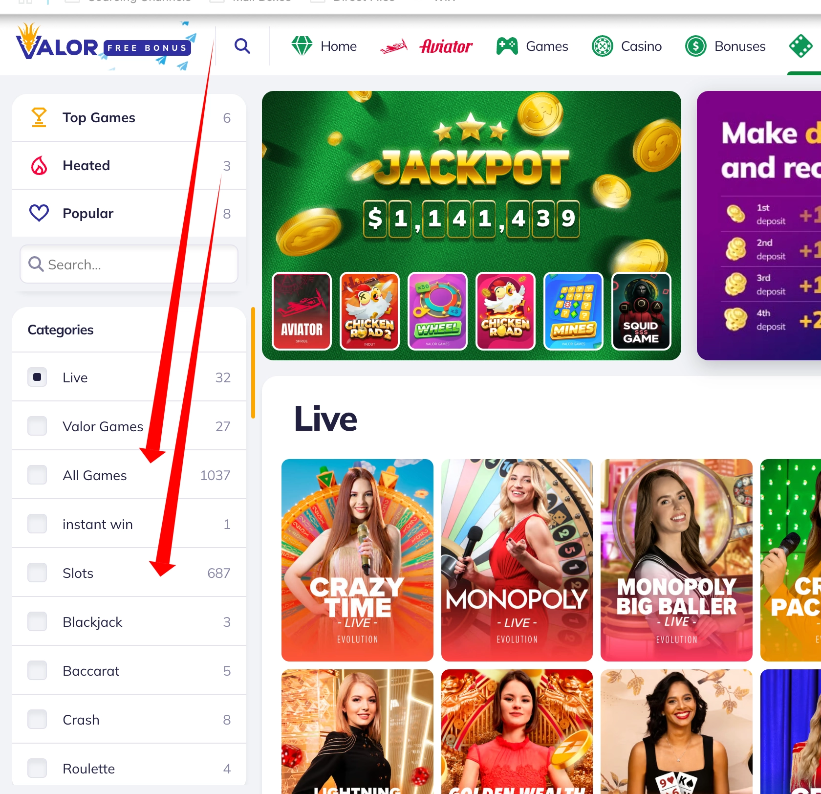 Valor casino homepage showcasing a huge jackpot, game categories, and live games from top providers