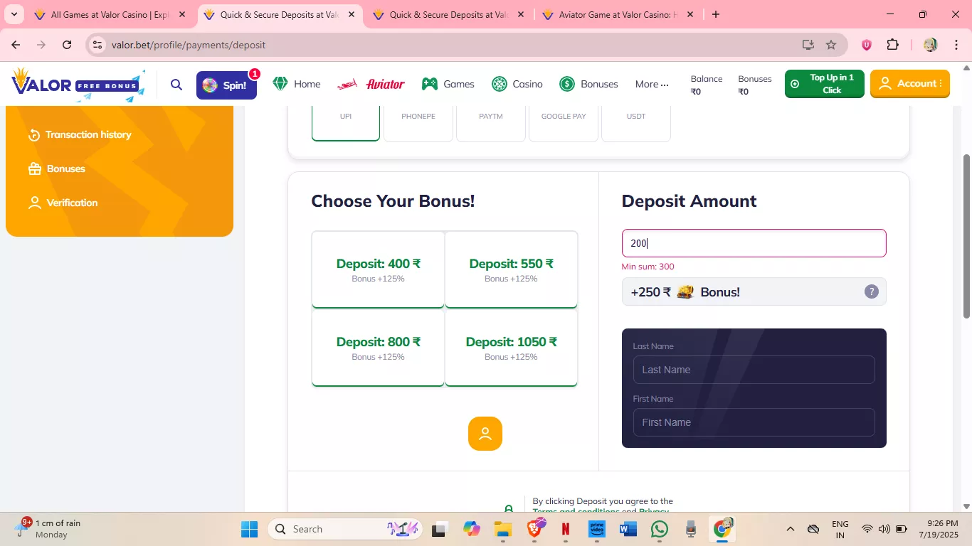 Valor casino deposit page with bonus offers for Indian players, showing options to deposit and claim a bonus