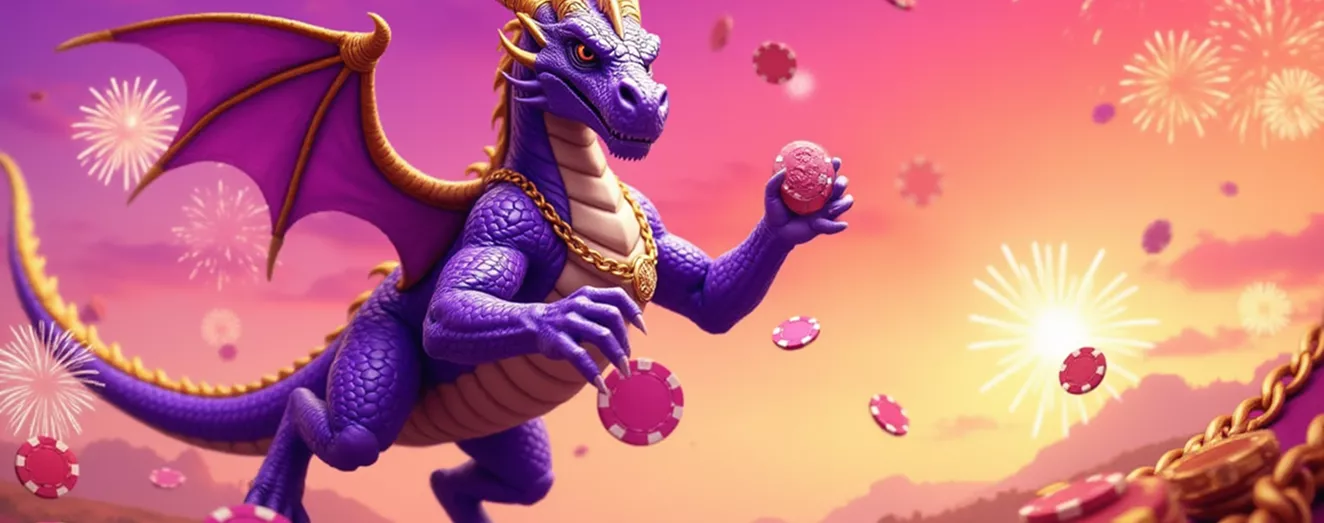 Valor casino welcome bonus banner with a dragon mascot celebrating with fireworks and red casino chips