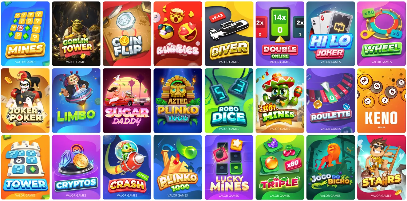Valor games selection at Valor casino, including Mines, Goblin Tower, Coin Flip, Bubbles, and many more