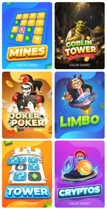 Valor casino mobile games selection from Valor Games, showing Mines, Goblin Tower, Joker Poker, Limbo, Tower, and Cryptos